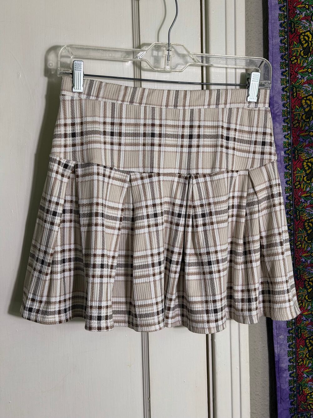 No Comment NY LA Plaid Pleated Mini Skirt Womens S Brown Tan Stretch Y2K Tennis